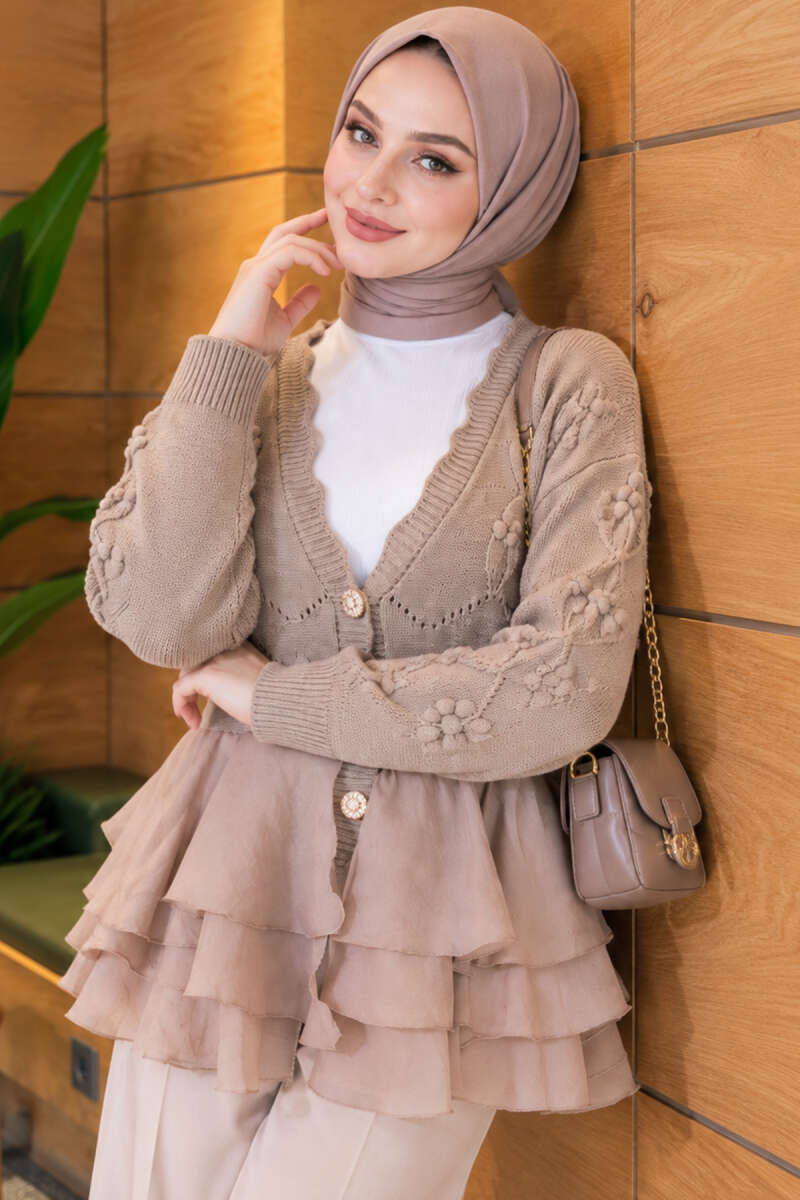 Ruffled Mesh-Trimmed Floral Knit Cardigan Beige