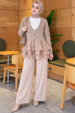 Alternative view of Ruffled Mesh-Trimmed Floral Knit Cardigan Beige