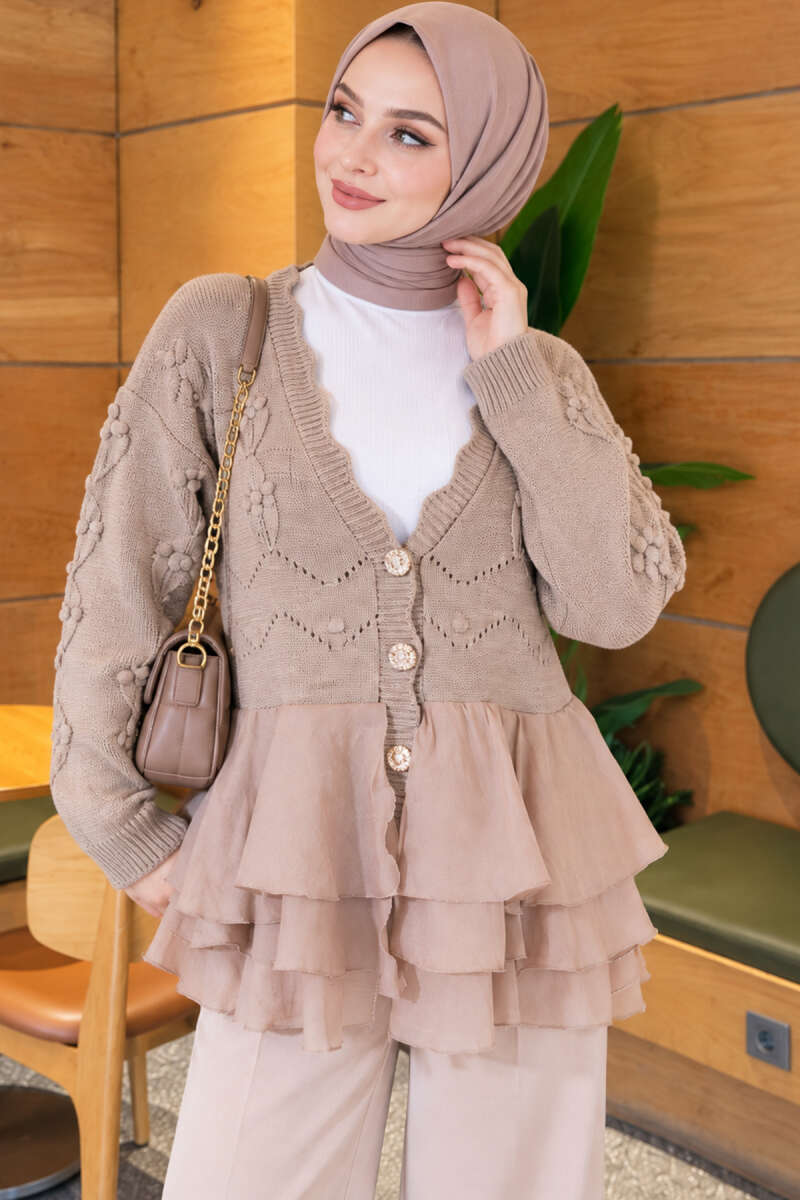 Ruffled Mesh-Trimmed Floral Knit Cardigan Beige - Image 3