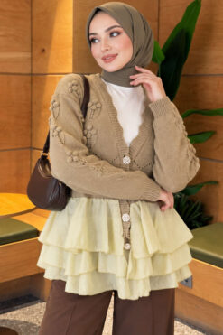Ruffled Mesh-Trimmed Floral Knit Cardigan Hazel Green