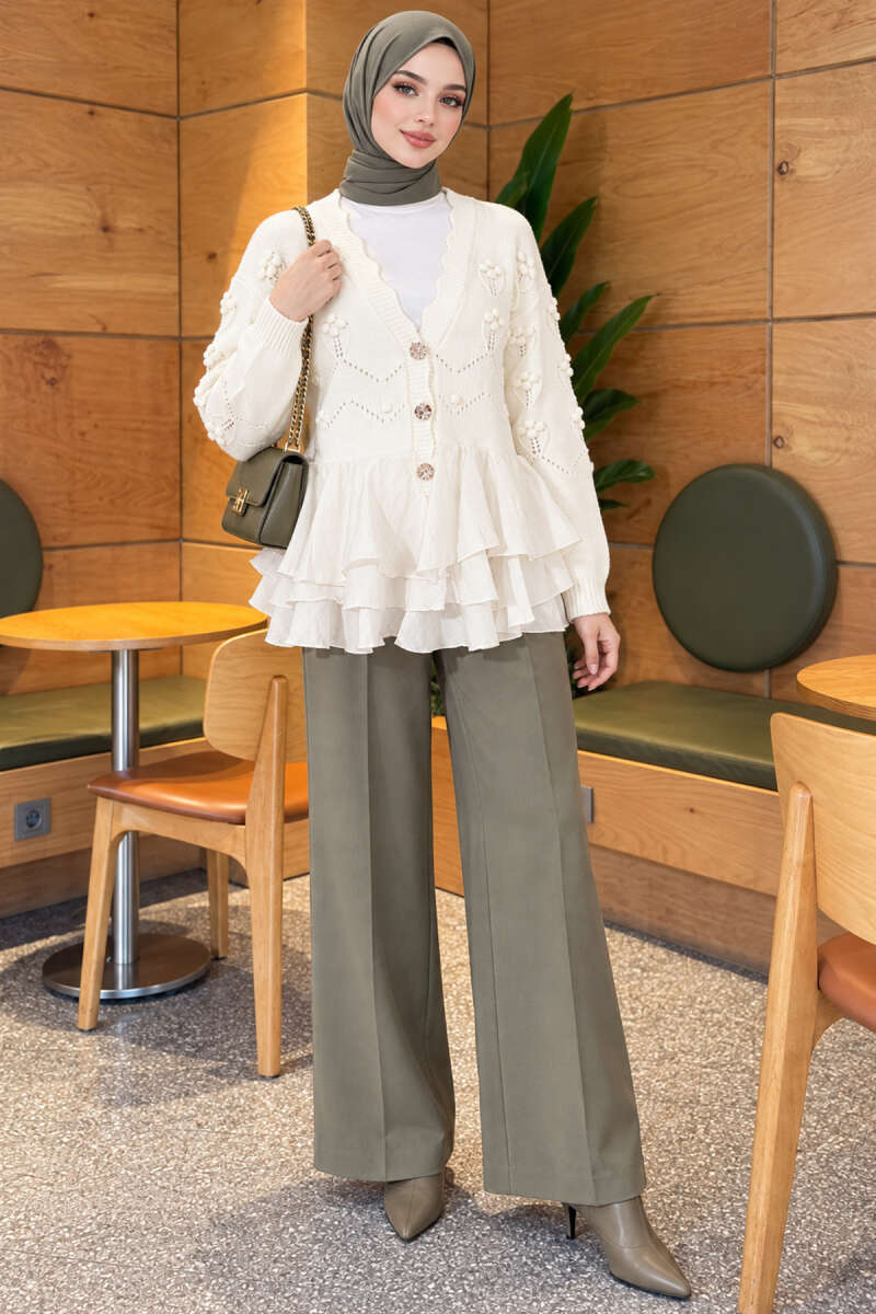 Ruffled Mesh-Trimmed Floral Knit Cardigan Ecru – Bild 2