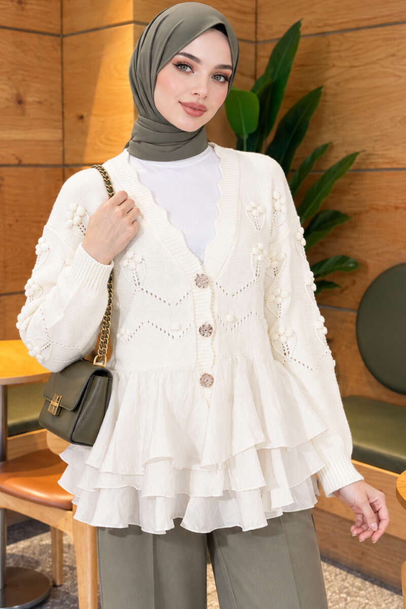 Ruffled Mesh-Trimmed Floral Knit Cardigan Ecru – Bild 3
