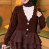 Ruffled Mesh-Trimmed Floral Knit Cardigan Coffee Brown