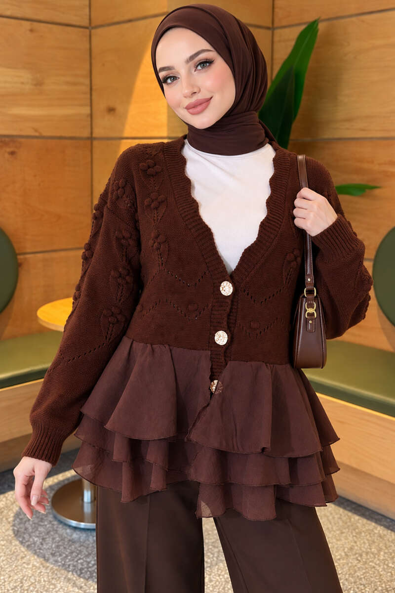 Ruffled Mesh-Trimmed Floral Knit Cardigan Coffee Brown