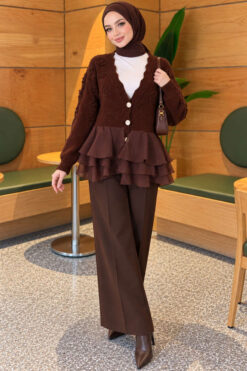 Alternative view of Ruffled Mesh-Trimmed Floral Knit Cardigan Coffee Brown