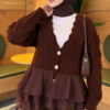 Ruffled Mesh-Trimmed Floral Knit Cardigan Coffee Brown - الصورة 3