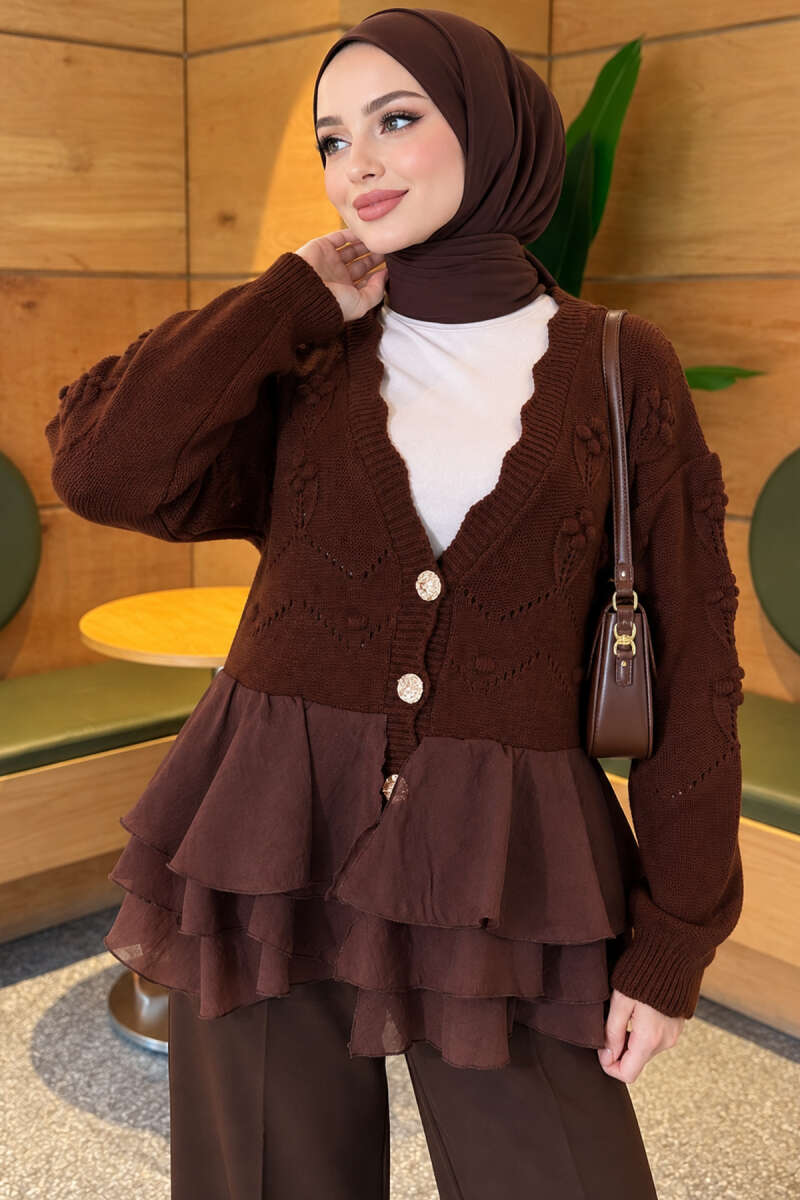 Ruffled Mesh-Trimmed Floral Knit Cardigan Coffee Brown - الصورة 3