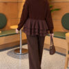 Ruffled Mesh-Trimmed Floral Knit Cardigan Coffee Brown - الصورة 4