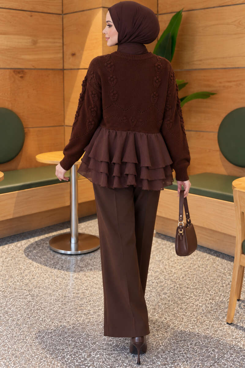 Ruffled Mesh-Trimmed Floral Knit Cardigan Coffee Brown - الصورة 4