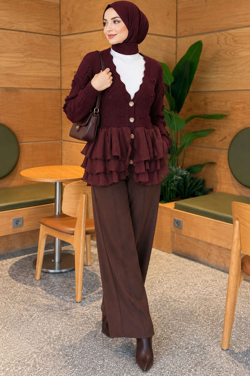Ruffled Mesh-Trimmed Floral Knit Cardigan Plum - الصورة 2