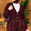 Ruffled Mesh-Trimmed Floral Knit Cardigan Plum - الصورة 3