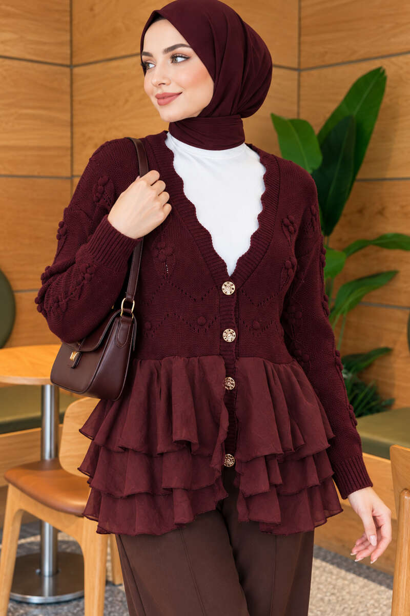 Ruffled Mesh-Trimmed Floral Knit Cardigan Plum - الصورة 3