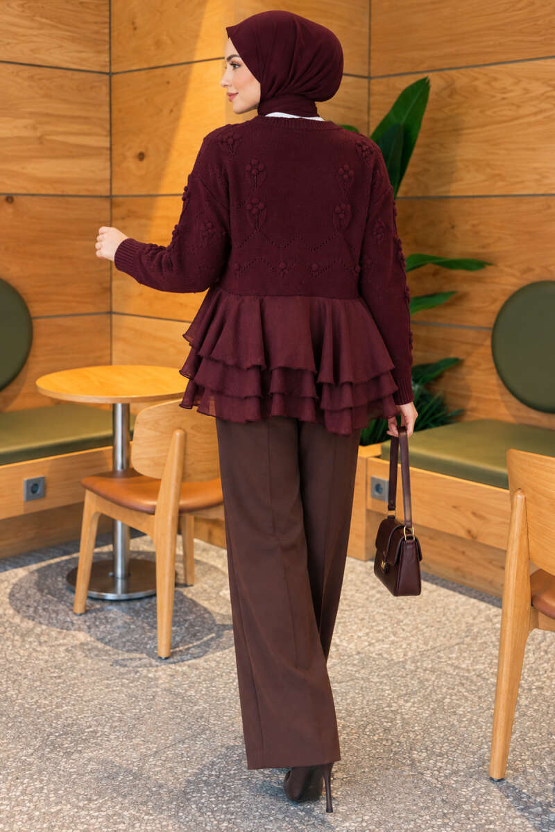 Ruffled Mesh-Trimmed Floral Knit Cardigan Plum - الصورة 4