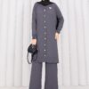 Butterfly Brooch Buttoned Knit Set Grey