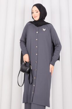 Alternative view of Butterfly Brooch Buttoned Knit Set Grey