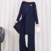 Butterfly Brooch Buttoned Knit Set Navy Blue