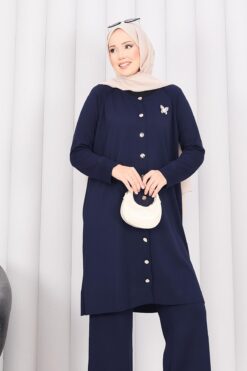 Alternative view of Butterfly Brooch Buttoned Knit Set Navy Blue