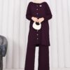 Butterfly Brooch Buttoned Knit Set Plum