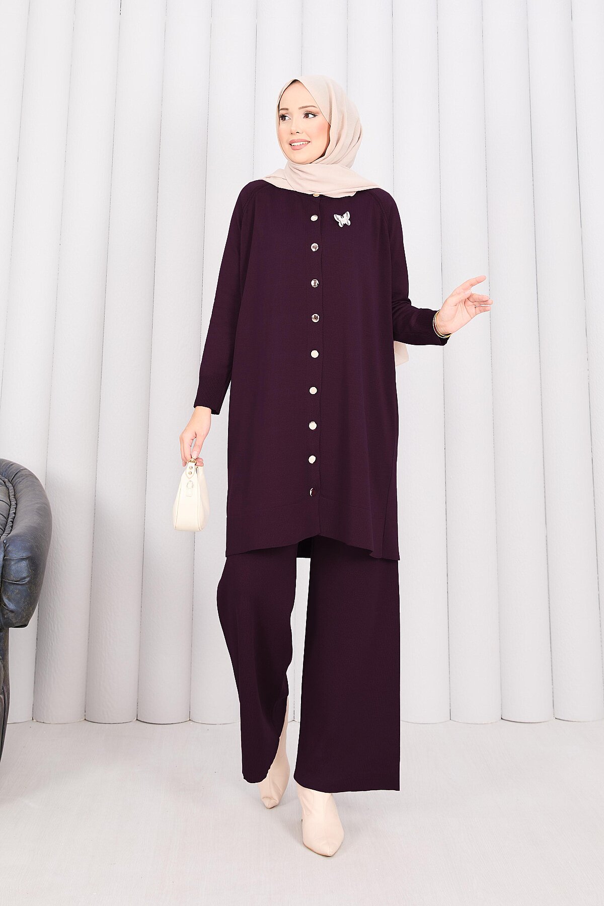 Butterfly Brooch Buttoned Knit Set Plum - immagine 4