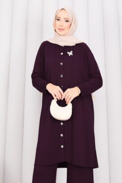 Alternative view of Butterfly Brooch Buttoned Knit Set Plum