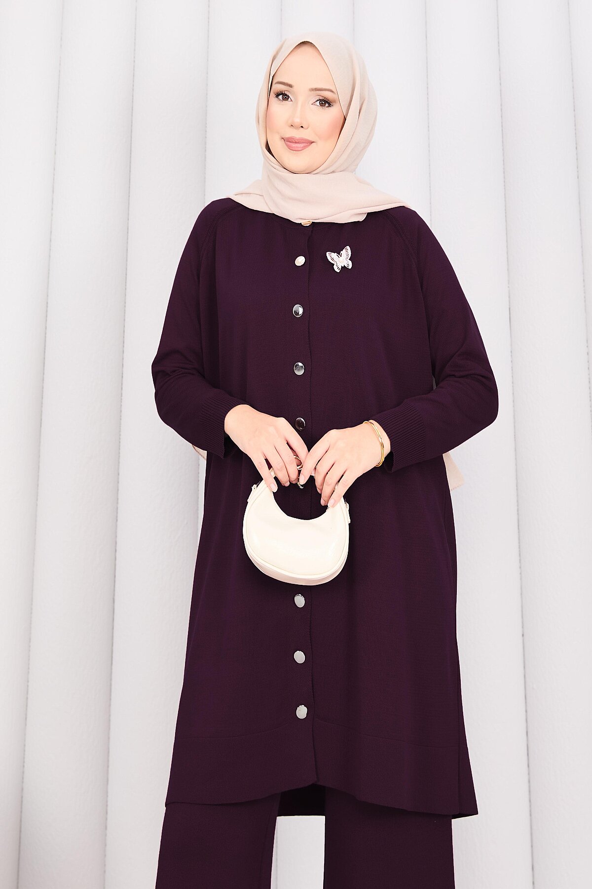 Butterfly Brooch Buttoned Knit Set Plum - immagine 2