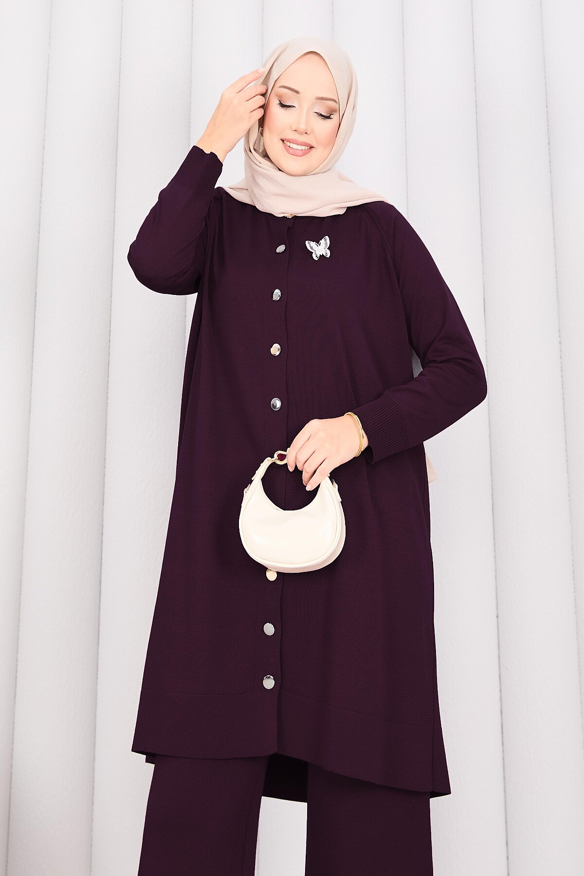 Butterfly Brooch Buttoned Knit Set Plum - immagine 7