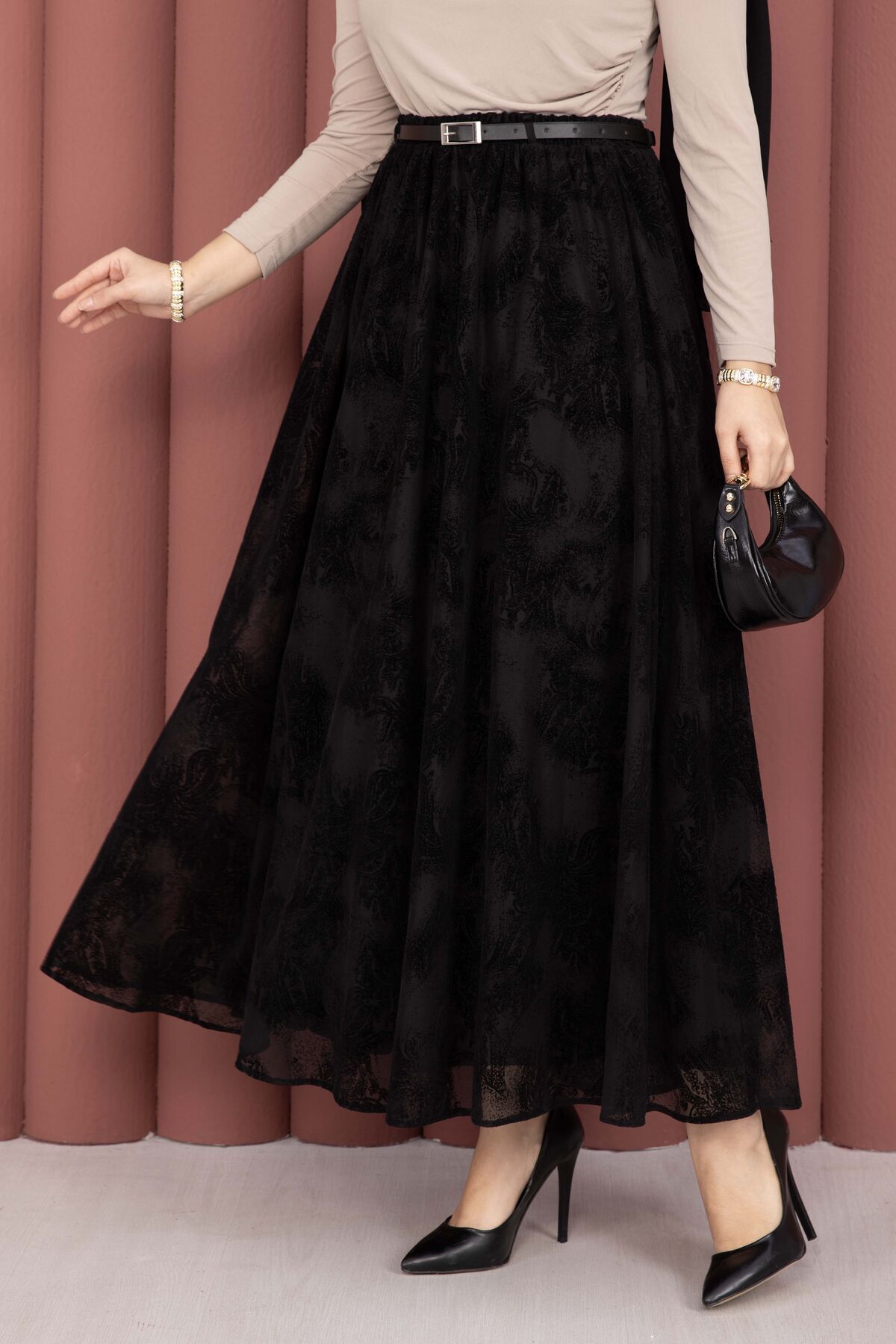 Printed Tulle Skirt with Belt Detail Black – Bild 2