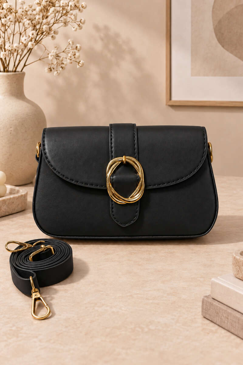 Women's Handbag with Belt Buckle Detail Black