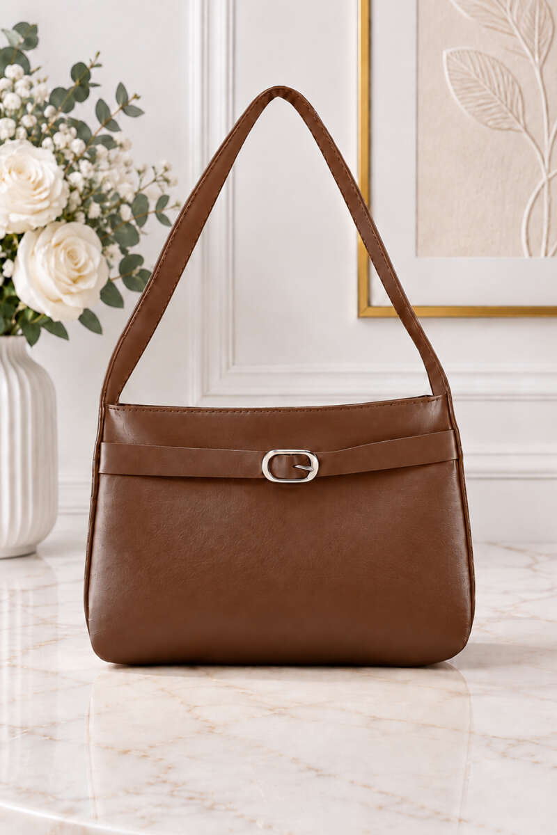 Belt Buckle Detail Short Sleeve Tote Bag Tan
