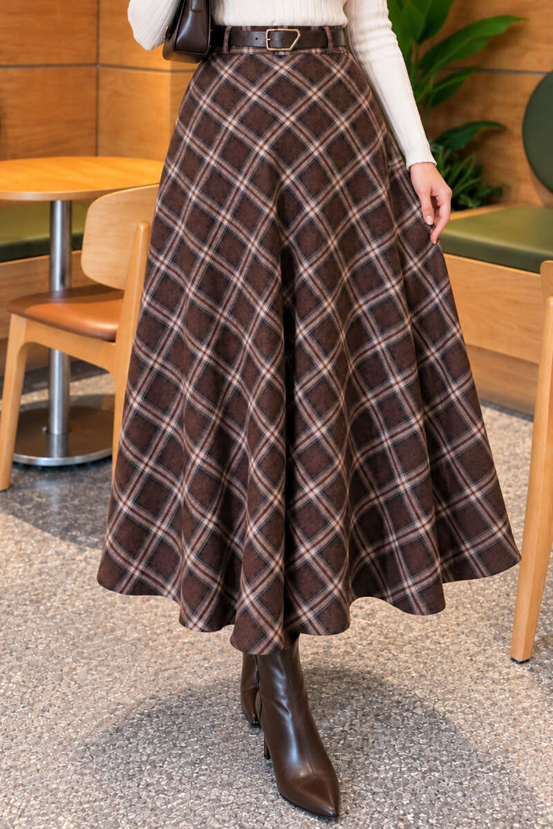 Belted Checkered Skirt Chestnut