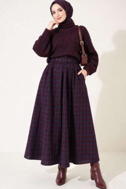 Alternative view of Checkedered Pleated Skirt with Waist Belt Burgundy