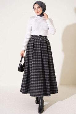 Alternative view of Checkedered Pleated Skirt with Waist Belt Smoke