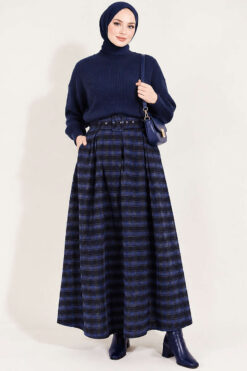 Alternative view of Checkedered Pleated Skirt with Waist Belt Navy Blue