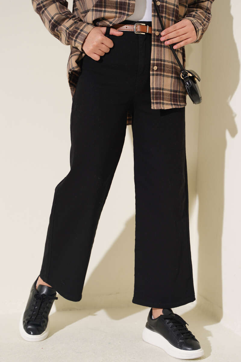 Belted Wide Leg Denim Pants Black