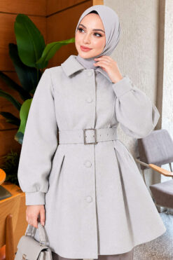 Belted Short Cashmere-Feel Coat Grey