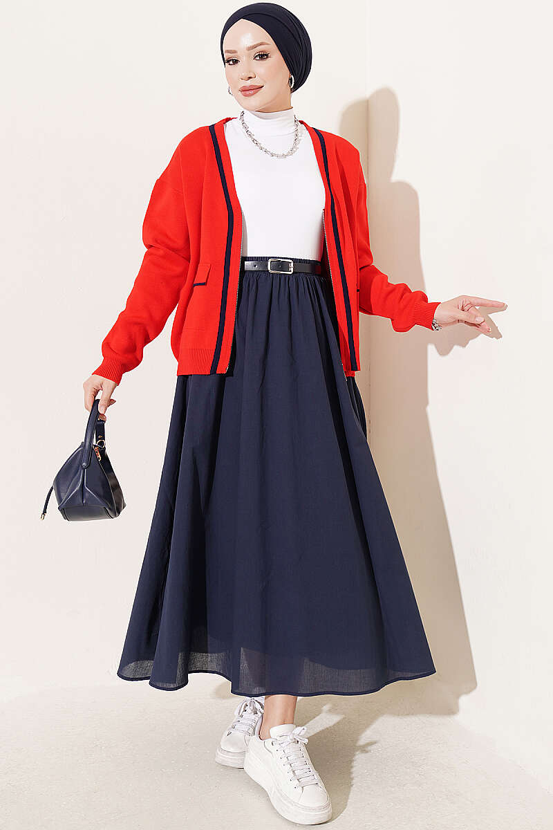 Belted Flared Voile Skirt Navy Blue - الصورة 2