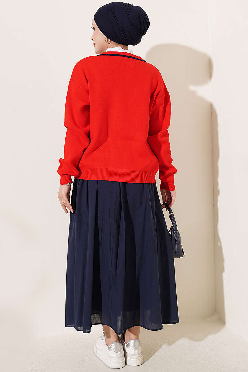 Belted Flared Voile Skirt Navy Blue - الصورة 3