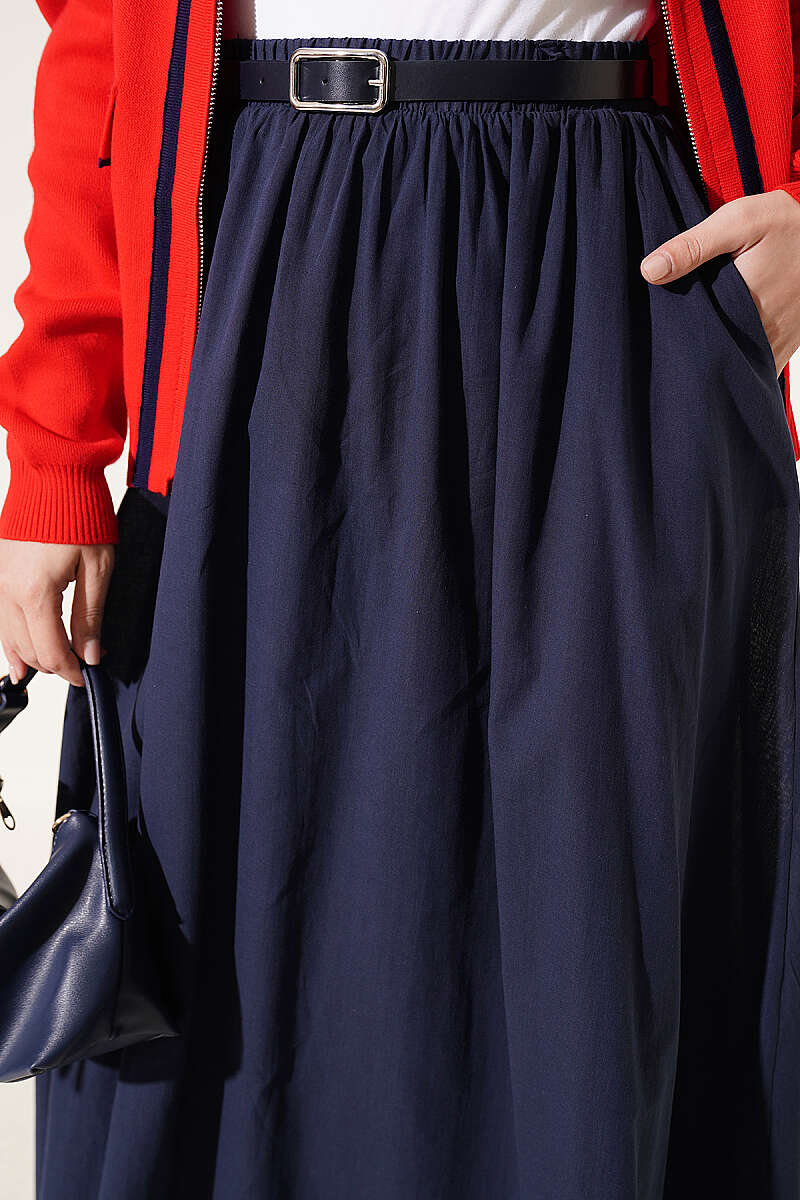 Belted Flared Voile Skirt Navy Blue - الصورة 4