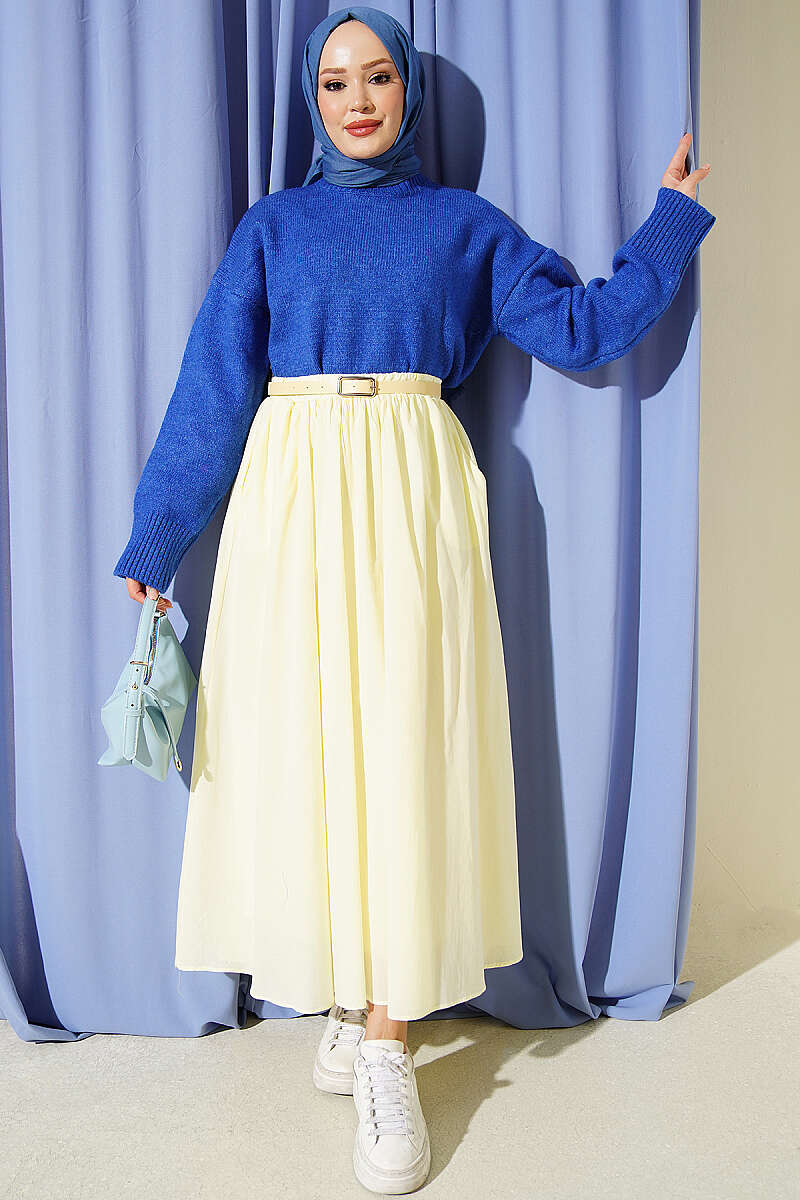 Belted Flared Voile Skirt Yellow - immagine 2