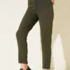 Belted Hook-and-Eye Fabric Trousers Khaki