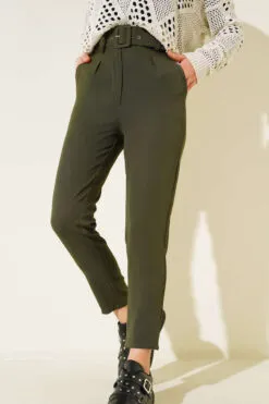 Alternative view of Belted Hook-and-Eye Fabric Trousers Khaki