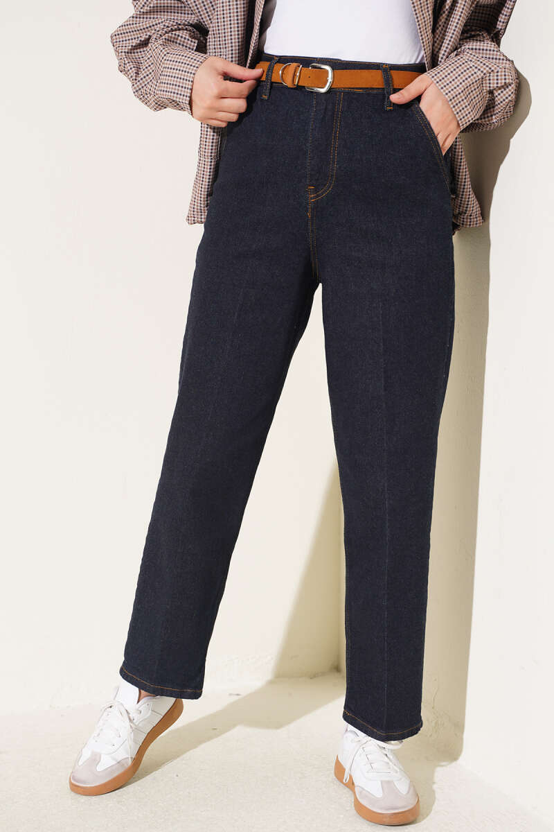 Belted Mom Fit Denim Pants Navy Blue