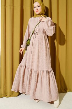 Self-Patterned Raglan Sleeve Dress Beige
