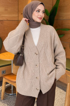 Self-Patterned French Terry Knit Cardigan Beige