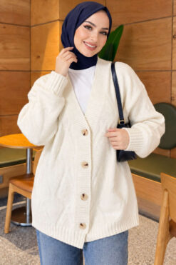 Self-Patterned French Terry Knit Cardigan Ecru