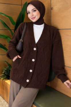 Self-Patterned French Terry Knit Cardigan Brown