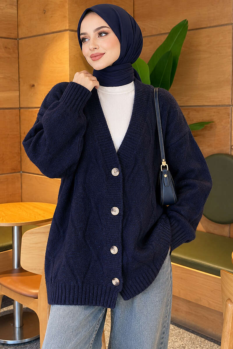 Self-Patterned French Terry Knit Cardigan Navy Blue