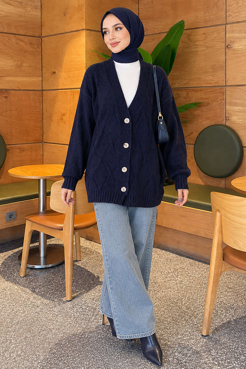 Self-Patterned French Terry Knit Cardigan Navy Blue - immagine 2