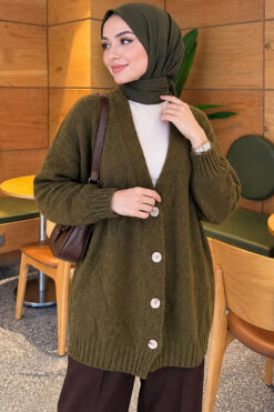 Self-Patterned French Terry Knit Cardigan Oil Green