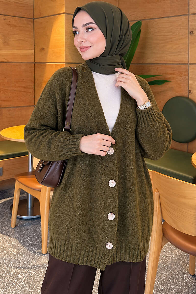 Self-Patterned French Terry Knit Cardigan Oil Green